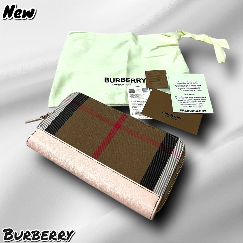 🔴New NWT Burberry Large Check Zip Around Leather Canvas Wallet Pale Cameo - Picture 2 of 8